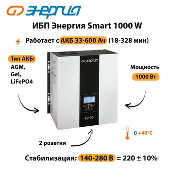 ИБП Энергия Smart 1000W - ИБП и АКБ - Энергия ИБП Smart - . Магазин оборудования для автономного и резервного электропитания Ekosolar.ru в Севастополе